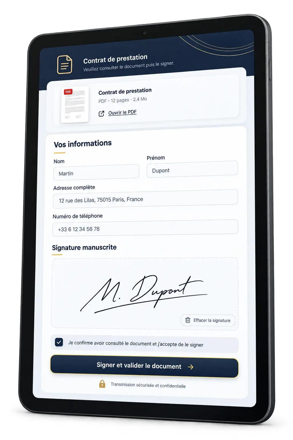 Présentation d’un formulaire de signature de contrat