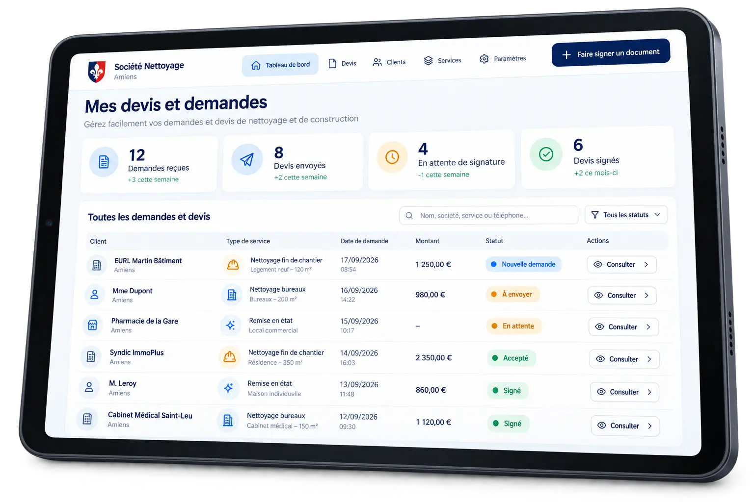 Design de tableau de suivi de demandes et de devis